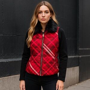 Chico's Plaid Puffer Vest 0 Small Removable Faux Fur Collar Red Holiday Zip Vest